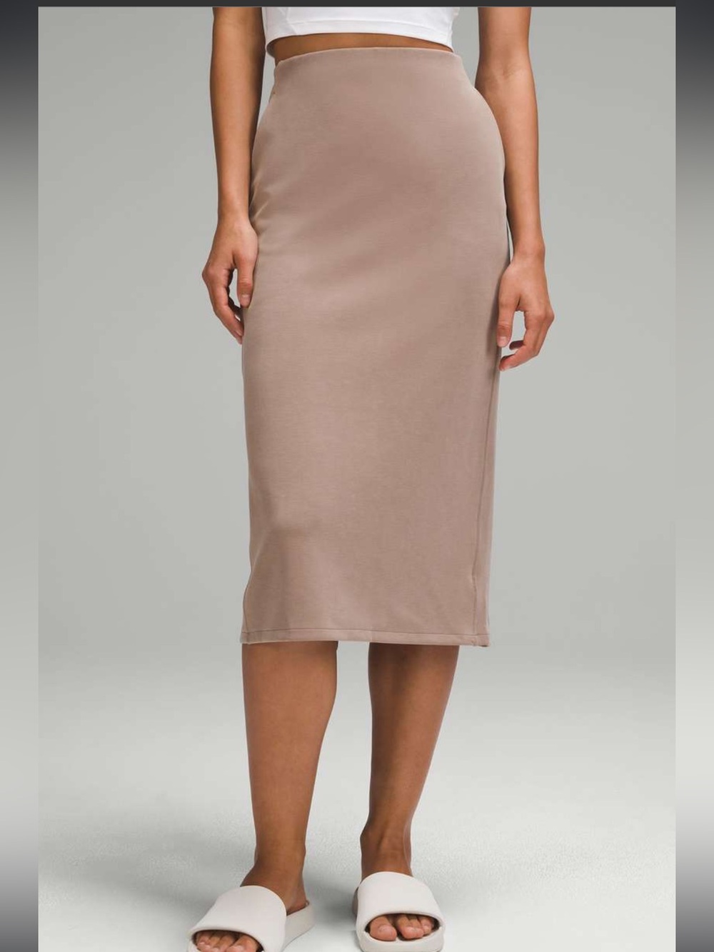 lululemon athletica softstreme high rise midi pencil skirt in taupetastic